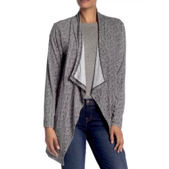 Papillon Gray Herringbone Open Front Cardigan Draped Cascade Long Sweater Medium - Picture 1 of 7